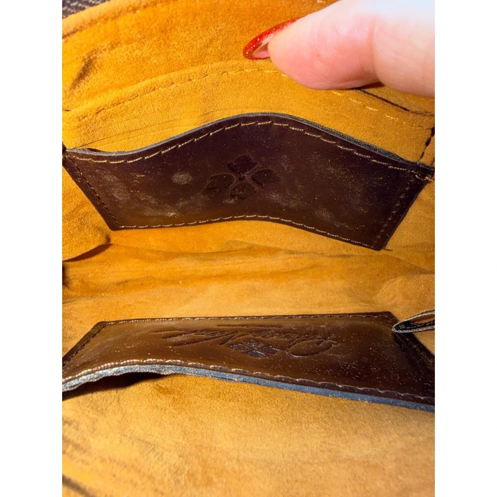 Patricia Nash Brown Italian Leather Faux Fur Trim Wristlet Pouch Pom Pom Charm